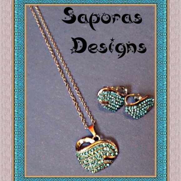 Silver Tone Heart Necklace & Stud Earring Jewelry Set With Blue Crystals - Picture 1 of 1